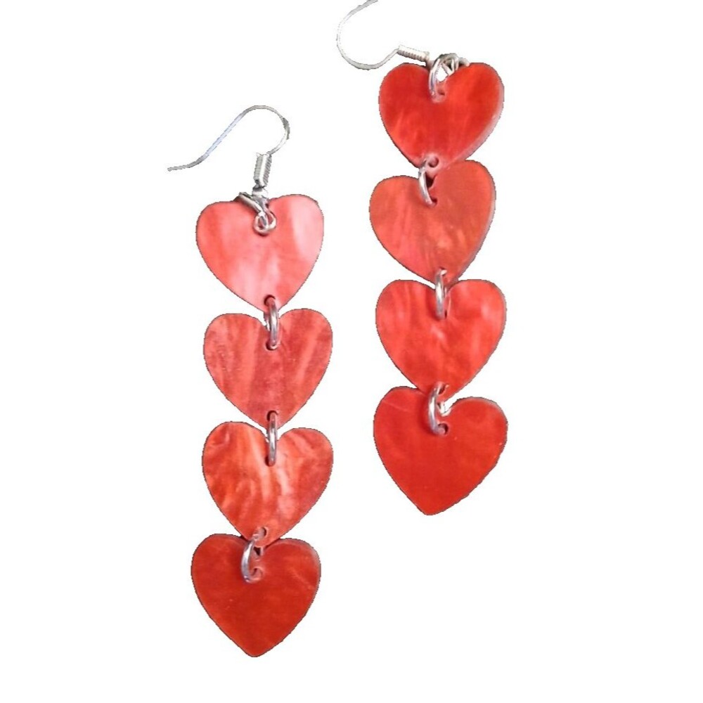 4 RED Acrylic Shell-Like Hearts Dangle Earrings